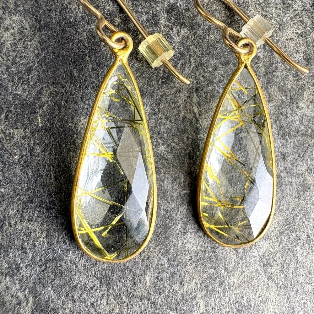 Golden rutile quartz teardrop earrings - wire pierced - bohemian style